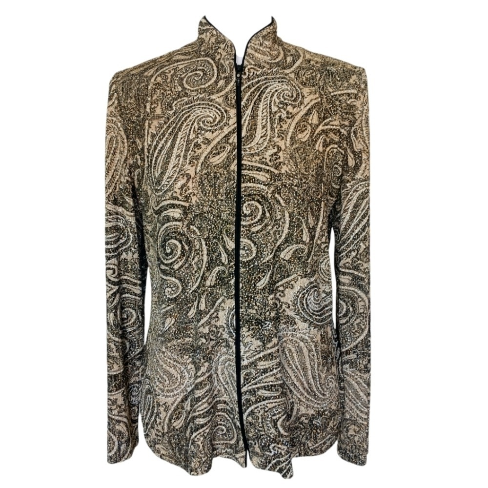 Alex Evenings Jacket Womens Small Gold Black Paisley Metallic Zip Mock Neck